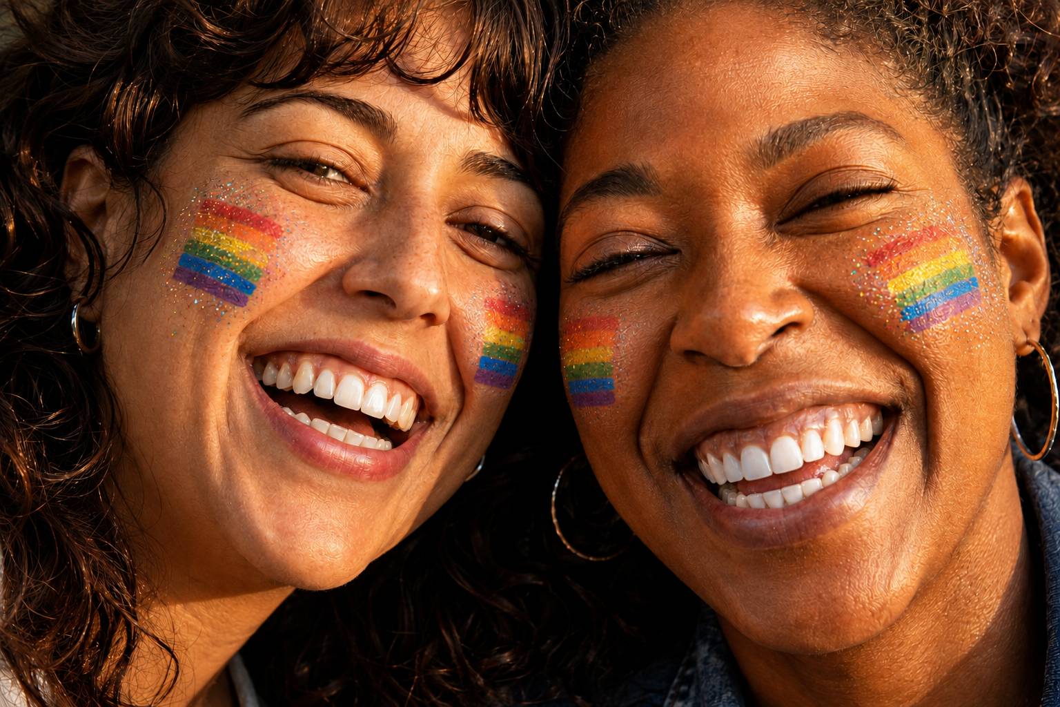 Twee lachende mensen met een Pride-vlag op hun wangen